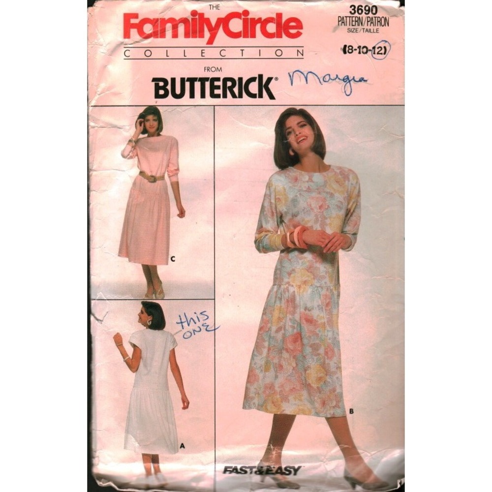 Vintage 1986 Butterick 3690 Dress Pattern‎ Family Circle Size 8-10-12 Cut